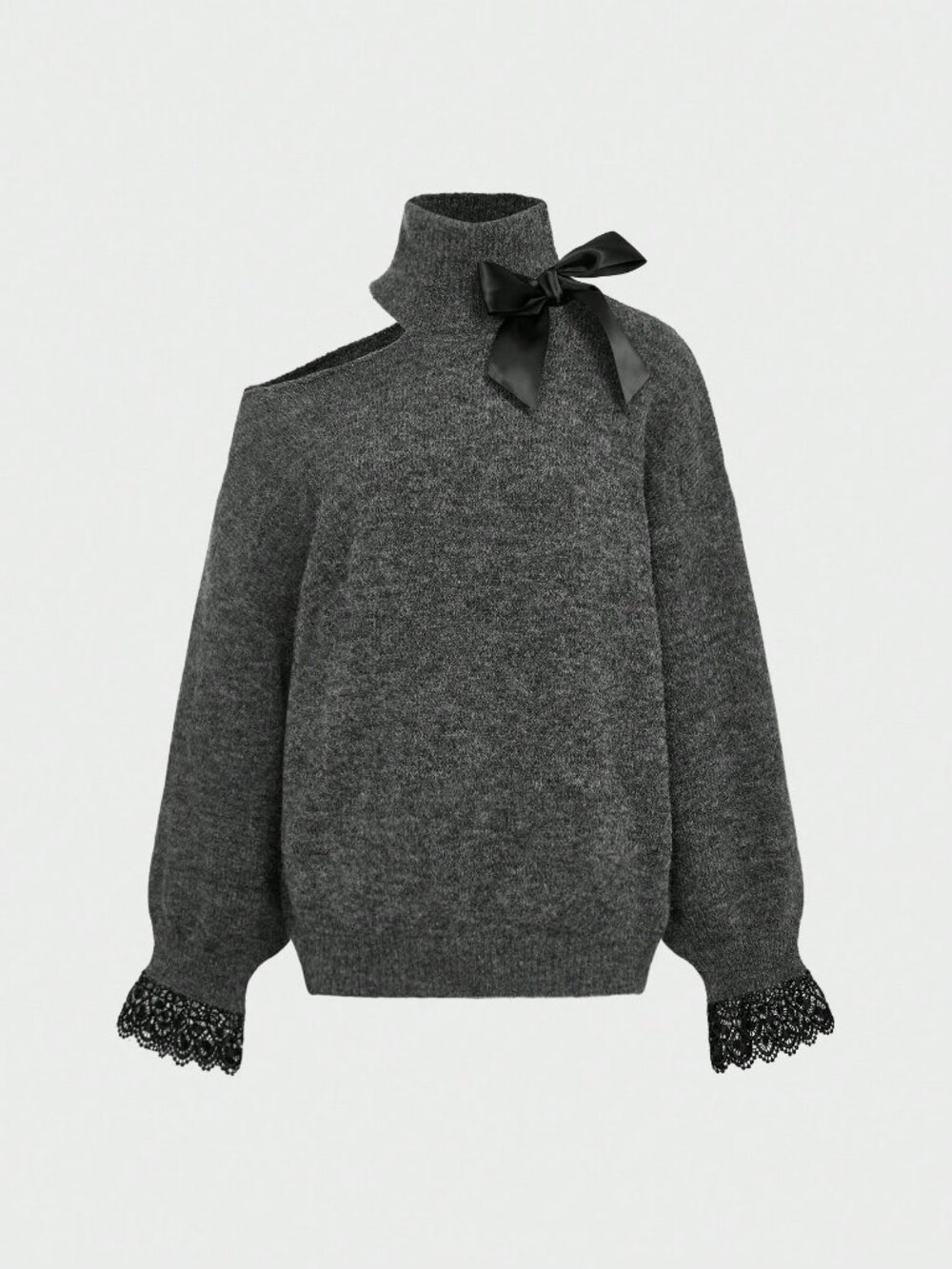 Grey Casual Women's High Neck Open Shoulder Sweater With Bowknot Lace details - Picture 4 of 6